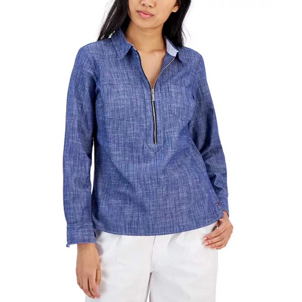 Chambray Quarter Zip Tommy Hilfiger Blue Cotton Pullover Shirt Size M Hamptons